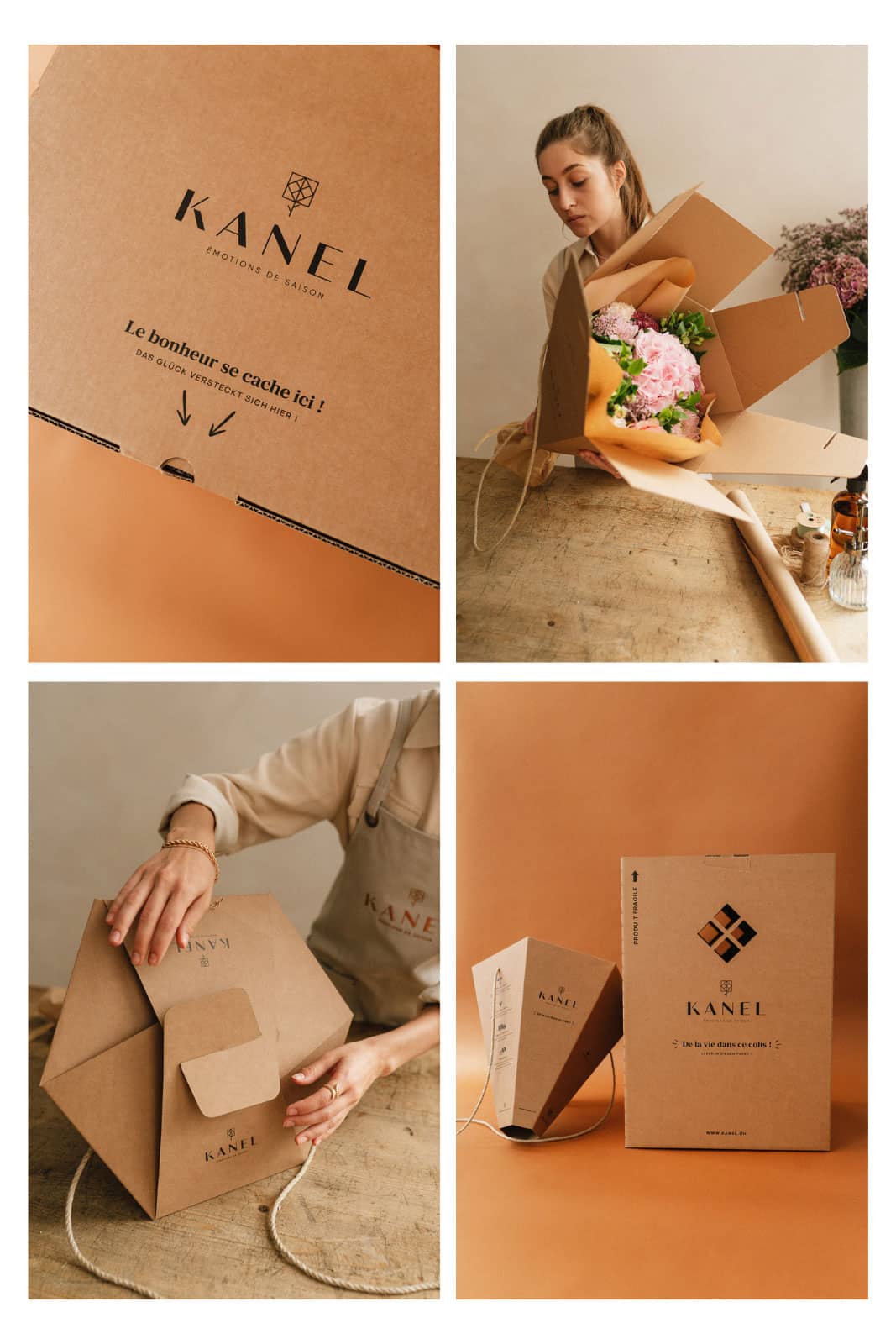 Boîte Kanel contenant des fleurs, manipulée par une femme sur une table en bois. Texte sur la boîte :