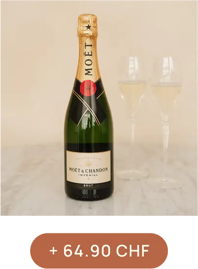 Bouteille de champagne Moët & Chandon Impérial brut, posée sur une surface en marbre, accompagnée de deux flûtes remplies. Texte : "64.90 CHF".